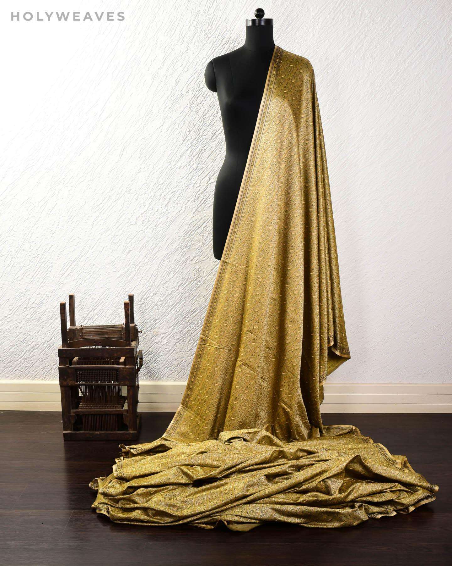 Beige Banarasi Tehra Jamawar Brocade Handwoven Katan Silk Fabric - By HolyWeaves, Benares