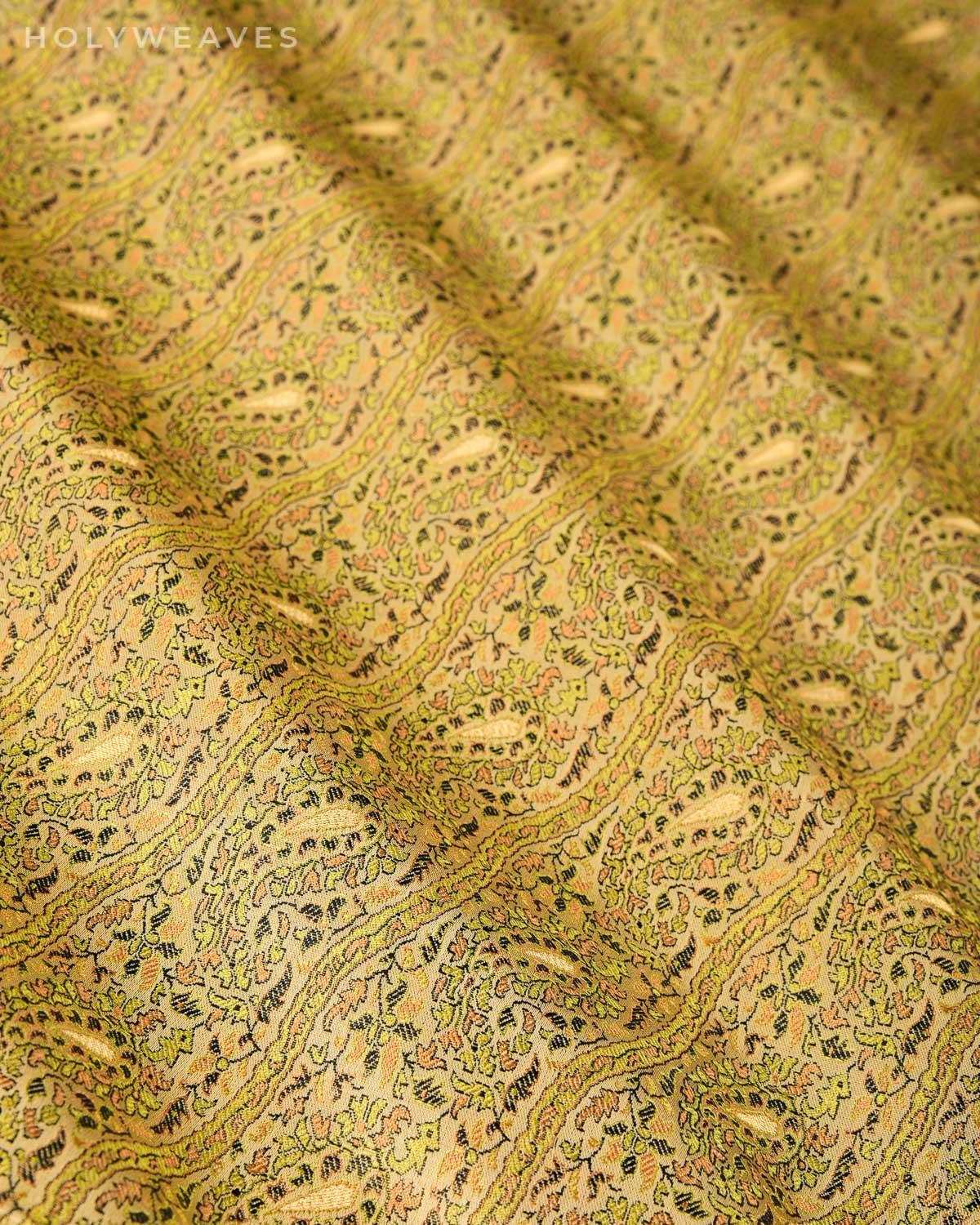Beige Banarasi Tehra Jamawar Brocade Handwoven Katan Silk Fabric - By HolyWeaves, Benares