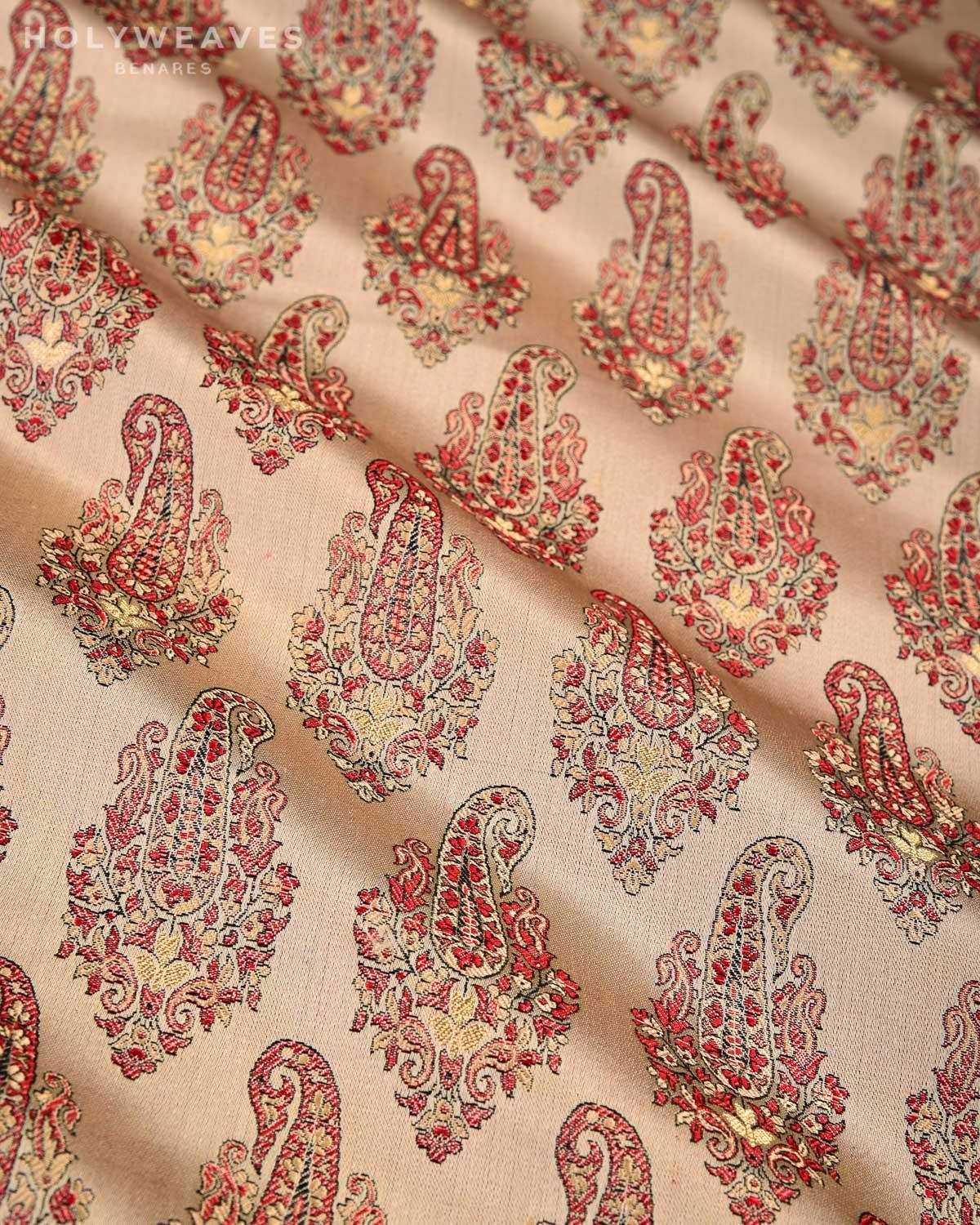 Beige Banarasi Tehri Paisley Jamawar Brocade Handwoven Katan Silk Fabric with Zari Accents - By HolyWeaves, Benares