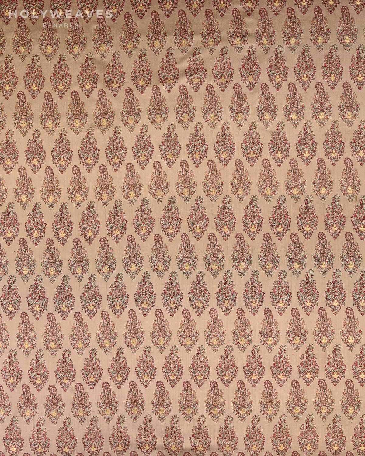 Beige Banarasi Tehri Paisley Jamawar Brocade Handwoven Katan Silk Fabric with Zari Accents - By HolyWeaves, Benares