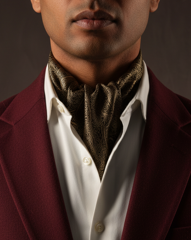 Beige Gold Paisley on Black Ascot - Burgundy Blazer