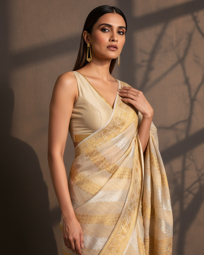 Beige Gold Silver Zari Diagonal Stripes Tasar Georgette Banarasi Saree Editorial