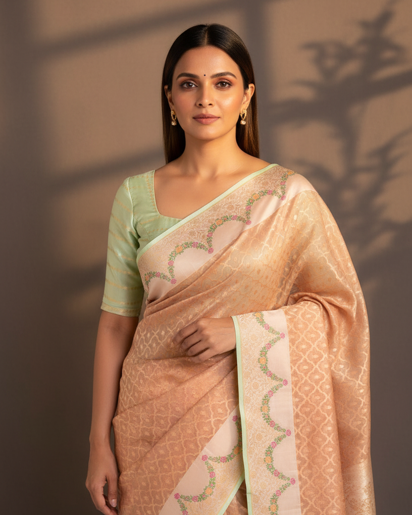 Beige Peach Gold Zari Cutwork Kora Silk Meenakari — Editorial