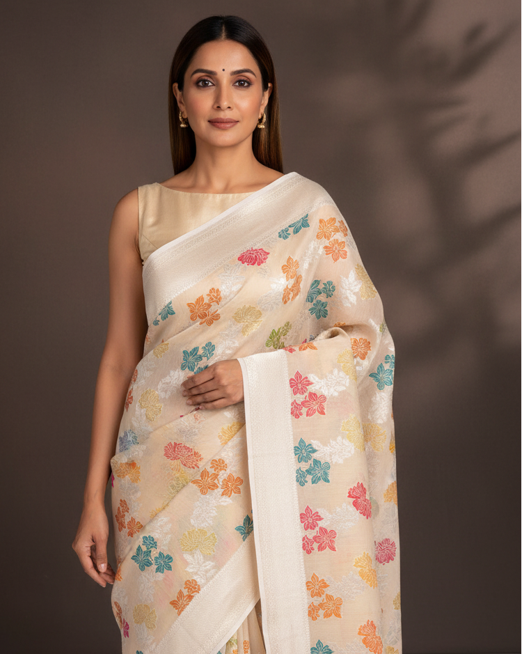 Beige Tasar Georgette Multicolor Resham Jaal — Editorial