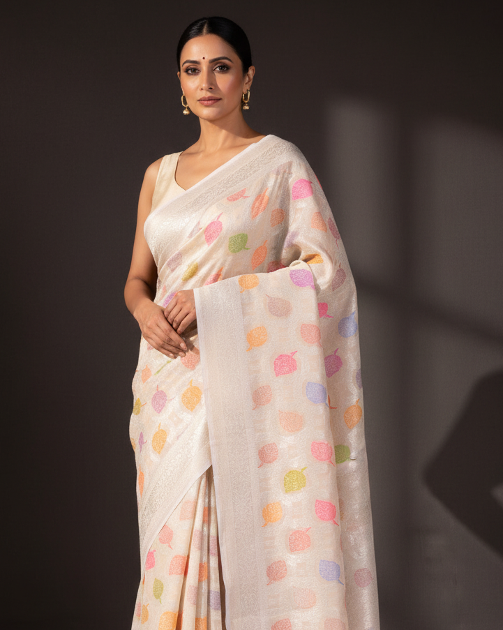 Beige Tasar Peepal Buti — New Pose, Side Lighting