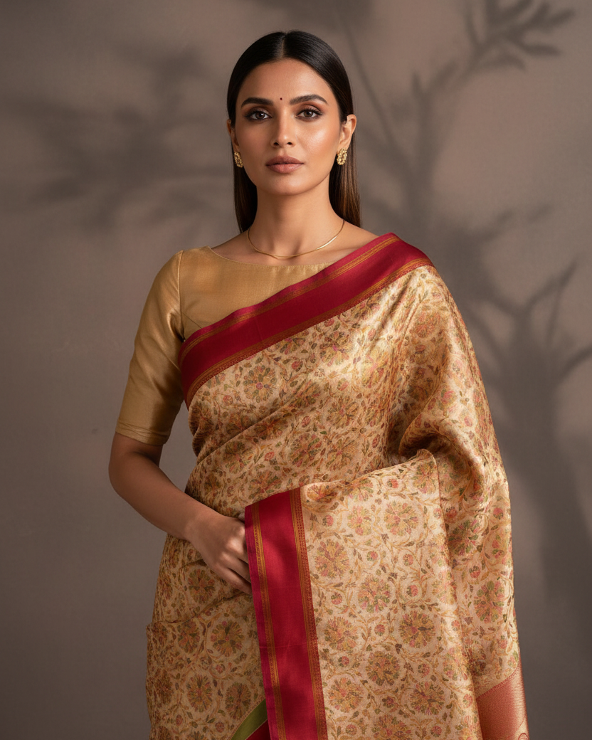 Api Tehra Beige Tehra Floral Satin Tanchoi Jamawar Handwoven Katan Silk Saree