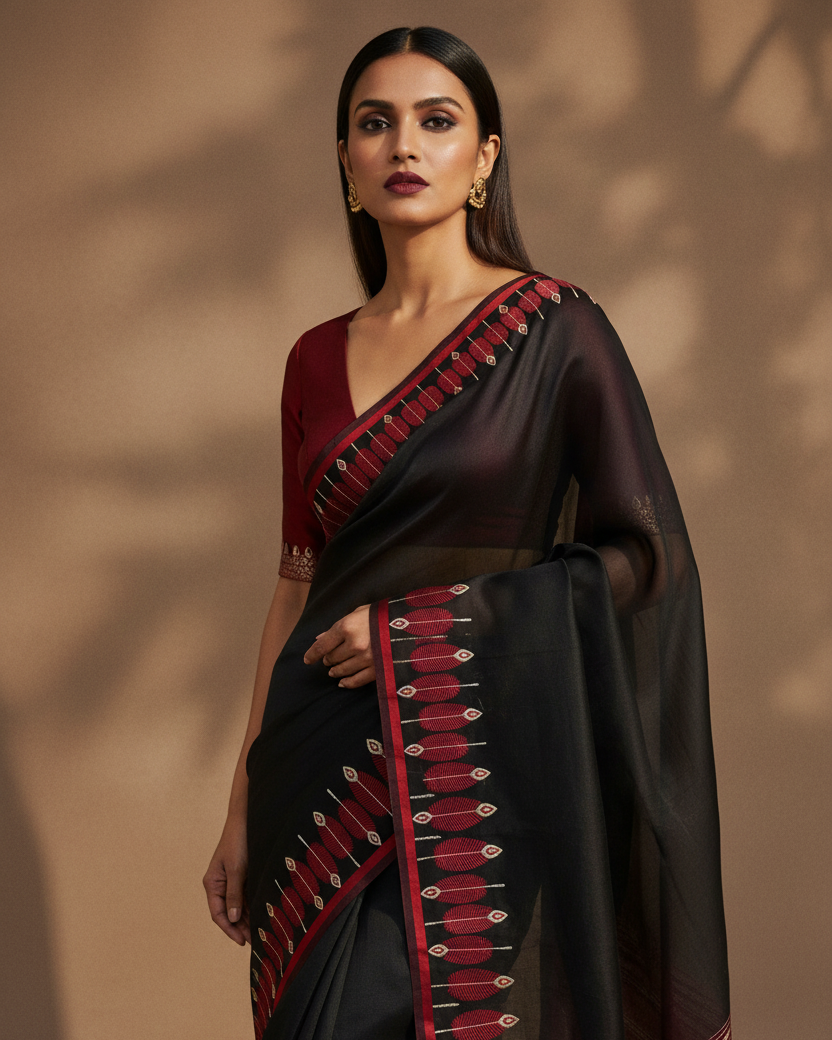 Black Banarasi Maroon Feather Border Kora Silk Saree