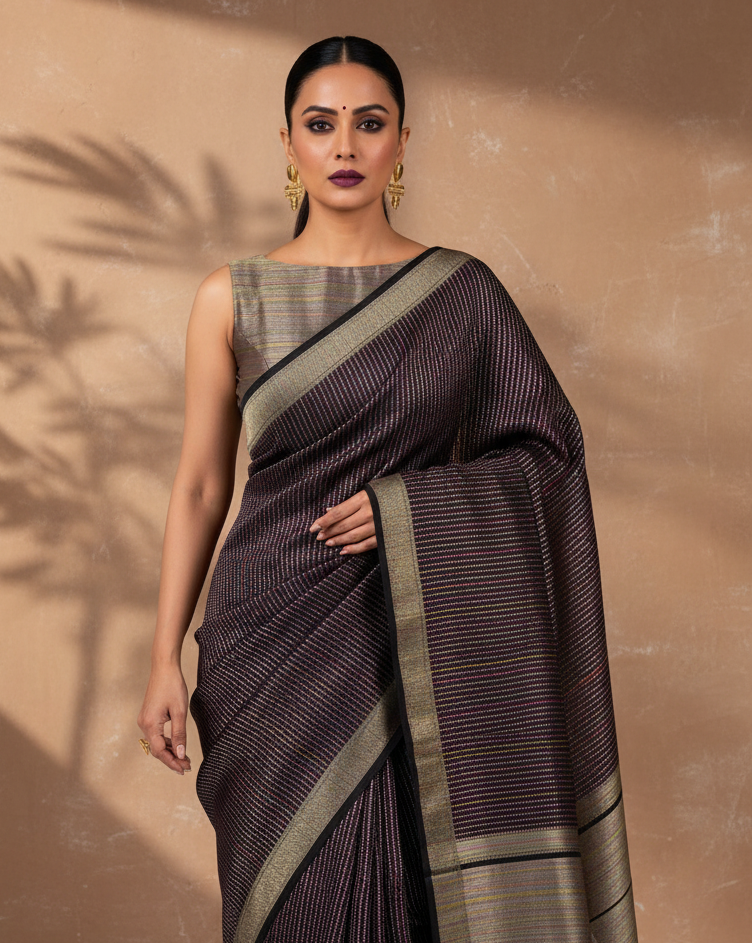 Black Banarasi Multicolor Resham Stripe Katan Silk Saree Editorial