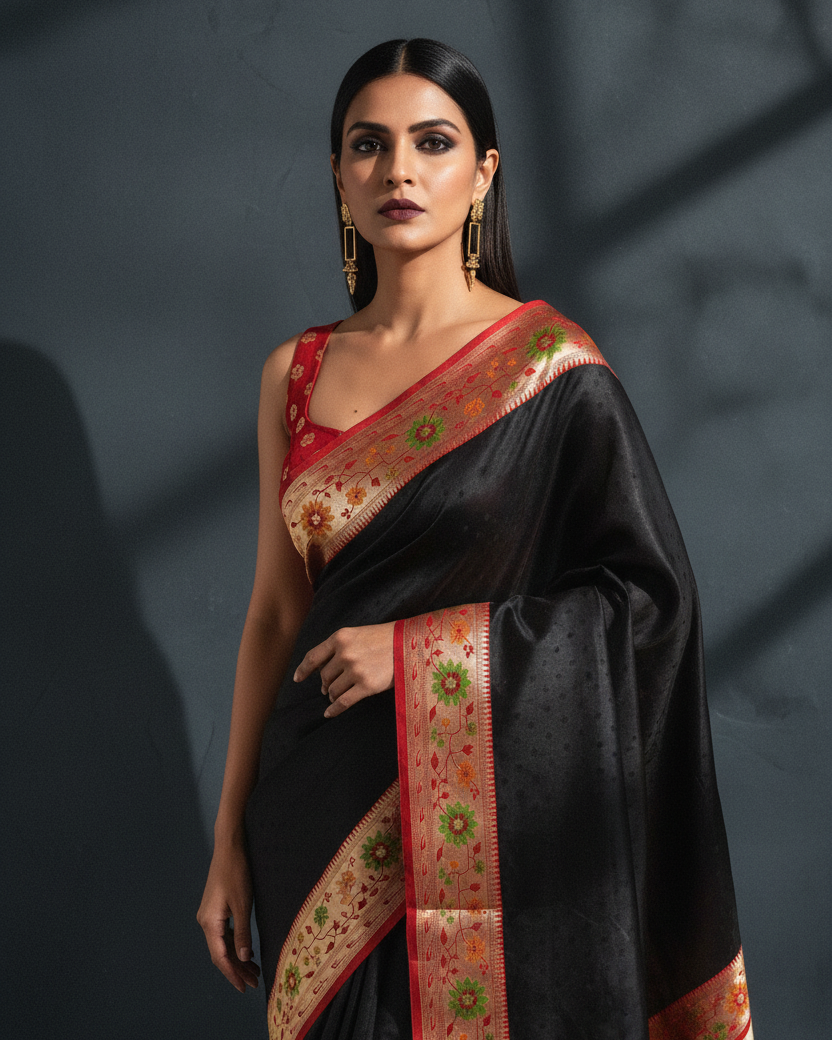 Black Banarasi Tanchoi Katan Silk Saree with Red Buti Blouse