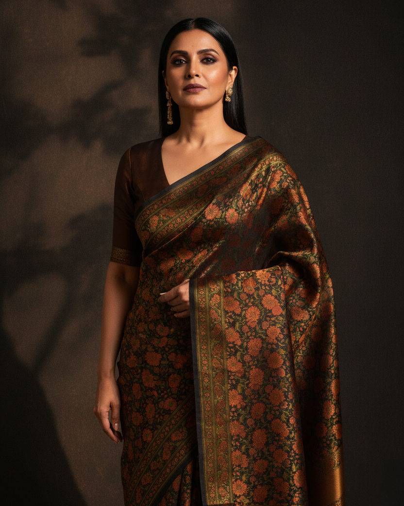 Black Floral Tanchoi Jamawar Katan Silk Banarasi — Luxury Editorial