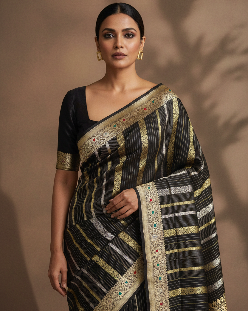 Black Gold & Silver Zari Stripes Banarasi Katan Silk Saree — Corrected