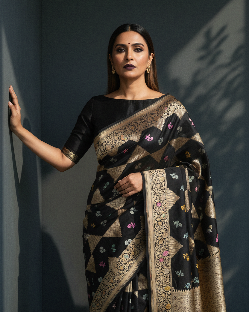 Black Katan Silk – Gold Triangle Resham Buti Editorial
