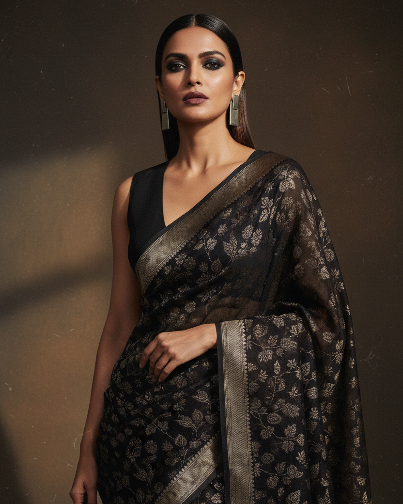 Black Khaddi Georgette — Small Rose Bud Jaal — Corrected