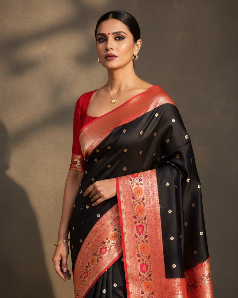 Black Paithani Cutwork Katan Silk — Editorial