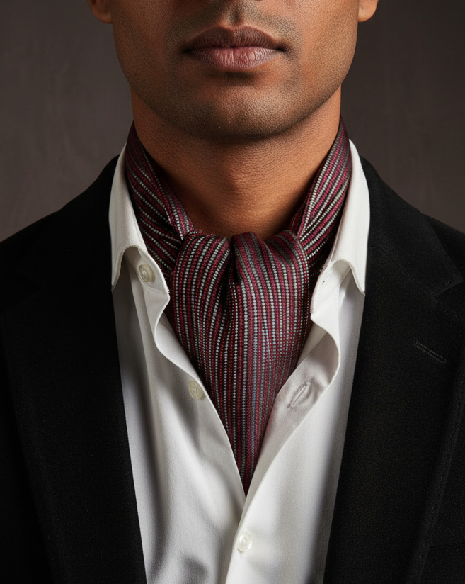 Black Red Gold Silver Striped Ascot - Black Suede Jacket