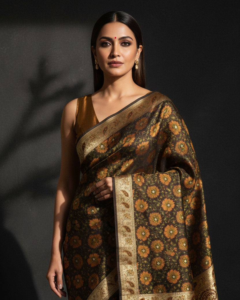 Black Tehra Floral Jaal Katan Silk — Dark Editorial