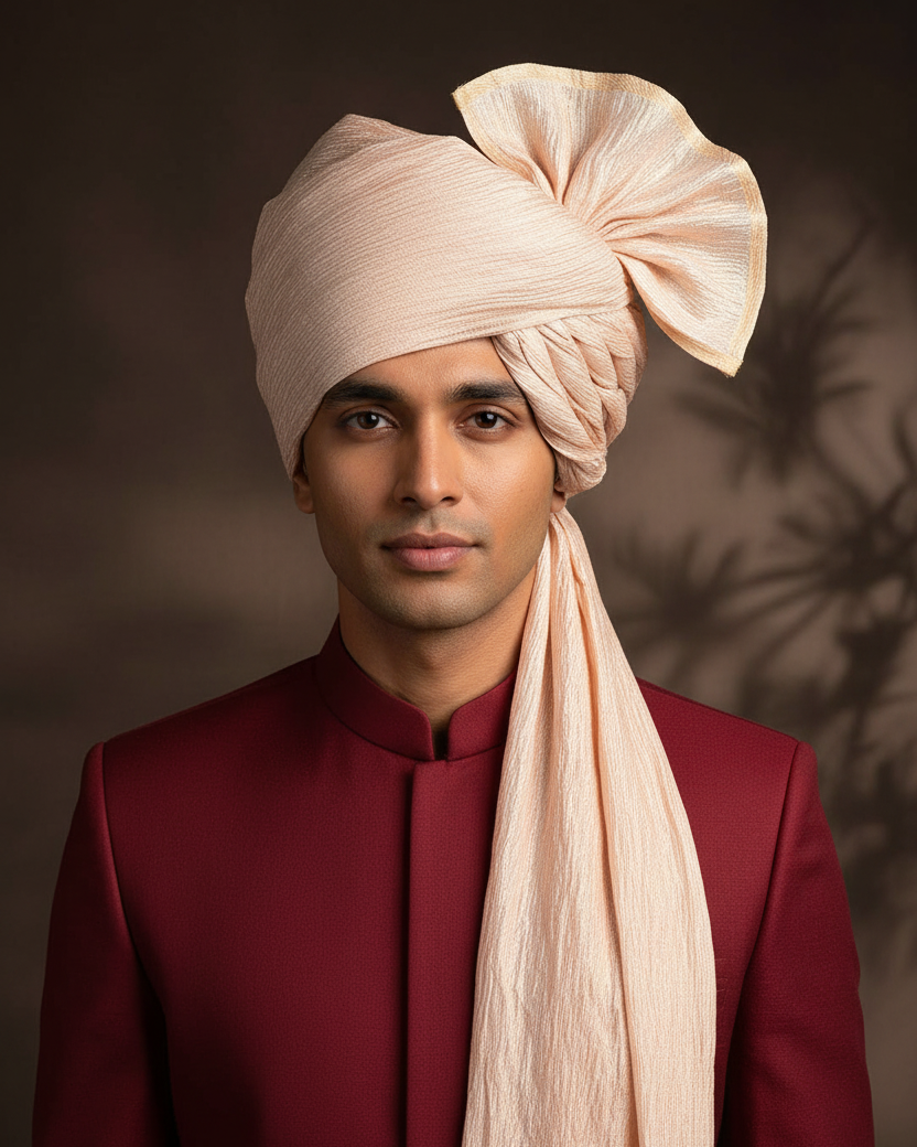 Blush Rose-Gold Crushed Tissue Safa - Crimson Sherwani