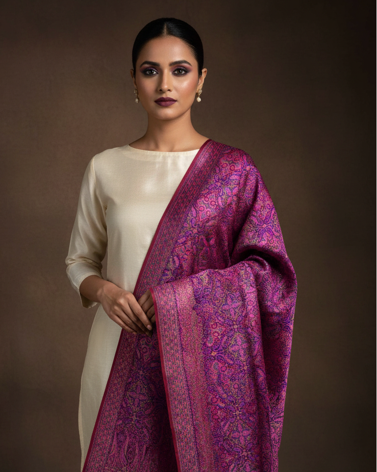 Api Tehra Purple Tehra Jamawar Brocade Handwoven Katan Silk Banarasi Dupatta