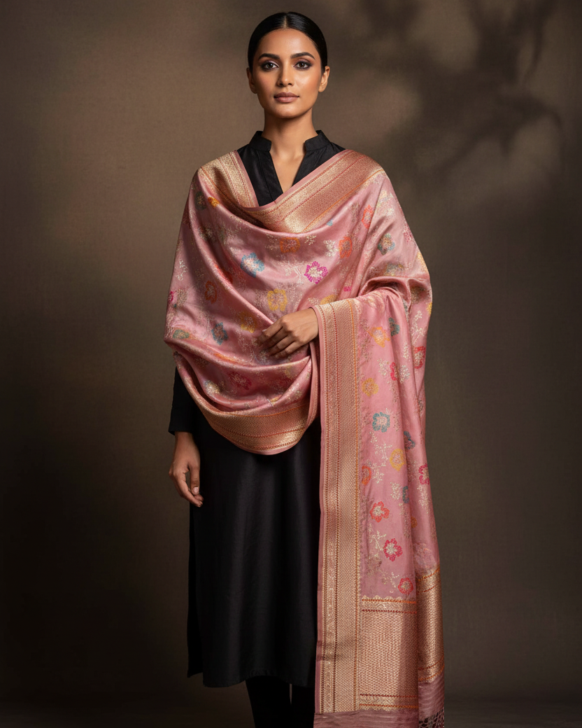 Both Shoulders — Rosy Brown Gold Zari Meena Jaal Katan Silk Dupatta
