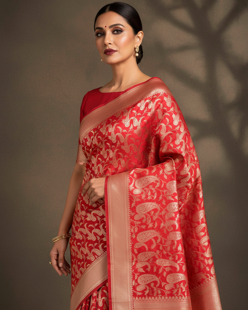 Bridal Red Paisley Jaal Katan Silk — Editorial
