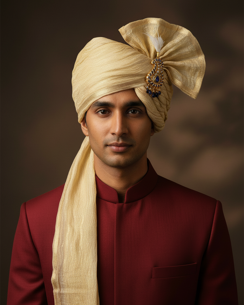 Champagne Gold Crushed Tissue Safa - With Kalgi