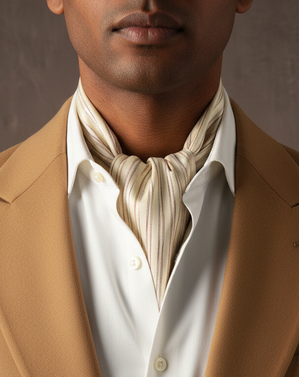 Cream Ascot - Collar Under Jacket Lapels, Camel Blazer