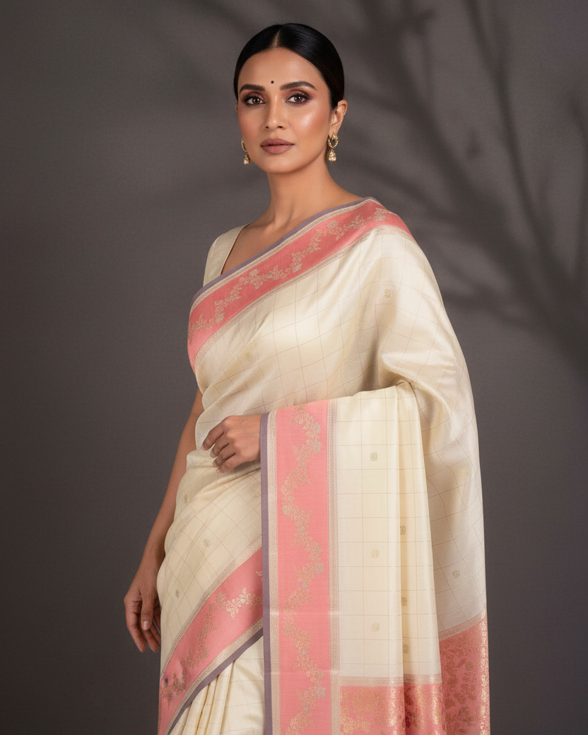 Cream Chequered Buti Pink Border Spun Silk Banarasi Editorial