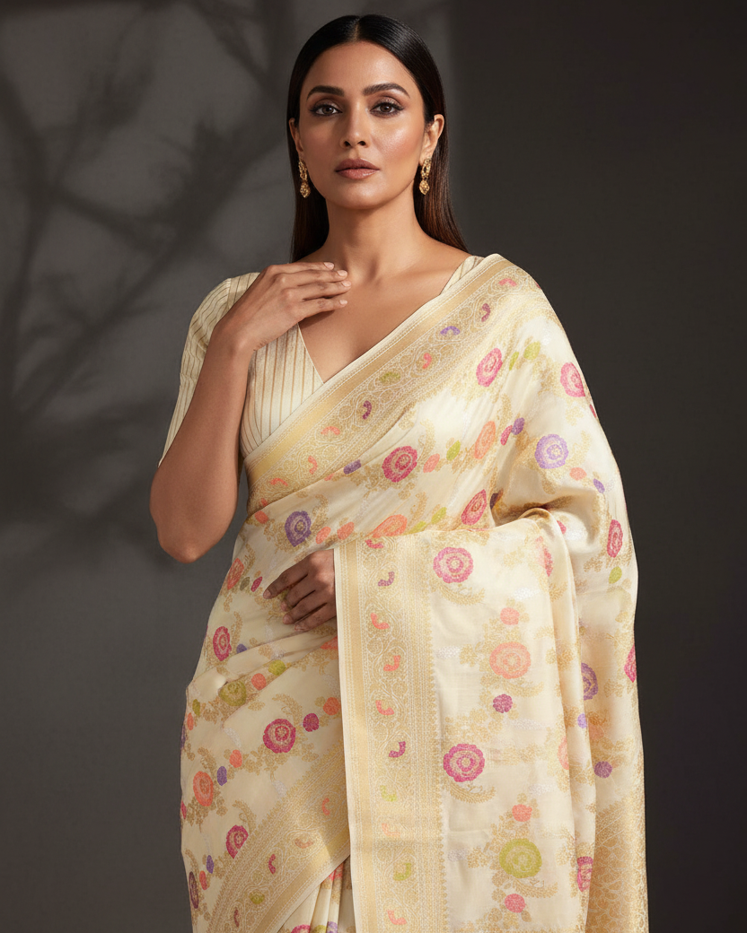 Cream Gold Silver Resham Floral Jaal Katan Silk Banarasi Saree