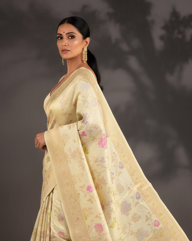Cream Gold Silver Resham Floral Jaal Katan Silk — Editorial Turning Pose