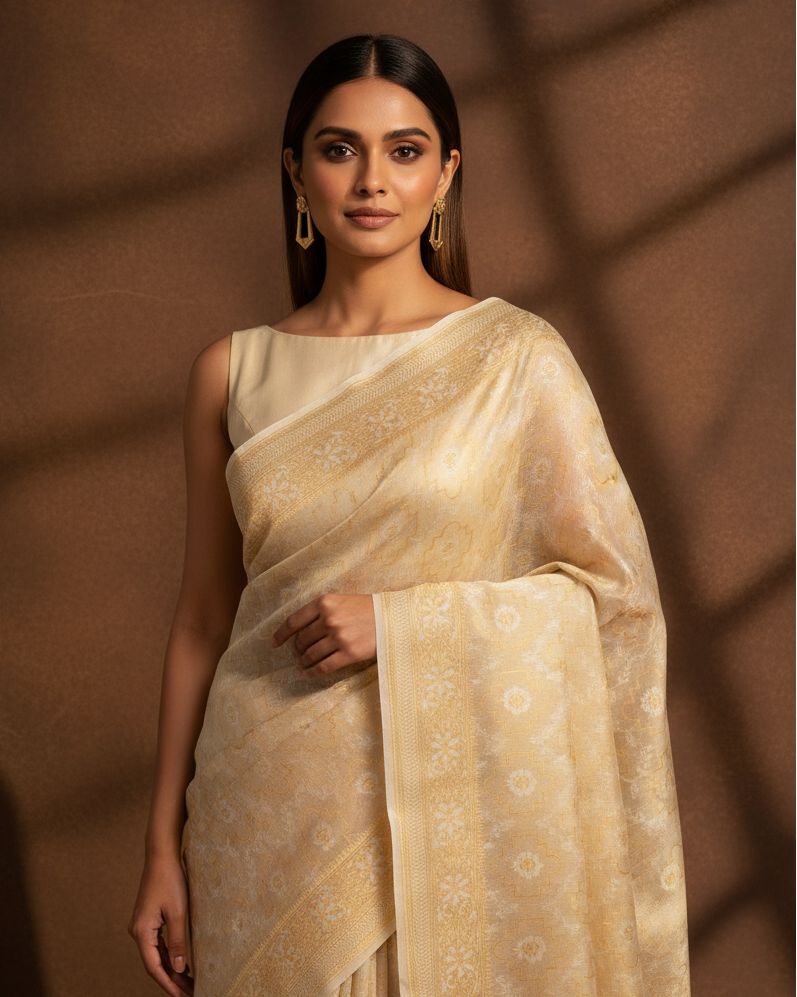 Cream Jangla Cotton Tissue Banarasi - Natural Pose
