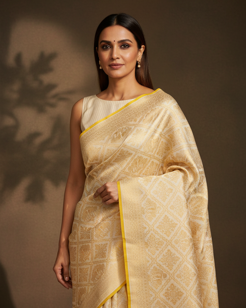 Cream Katan Silk Elephant Buta Diamond Grid — Editorial