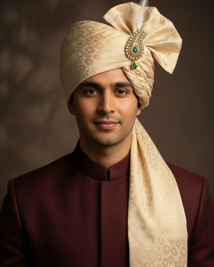 Cream Leopard Brocade Safa — With Kalgi
