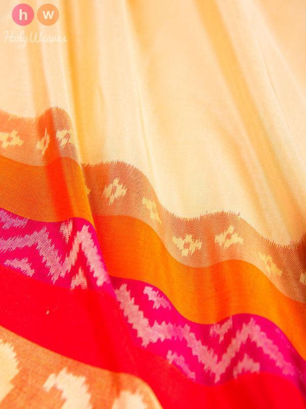 Cream-Red Handwoven Silk Pochampally Saree - By HolyWeaves, Benares