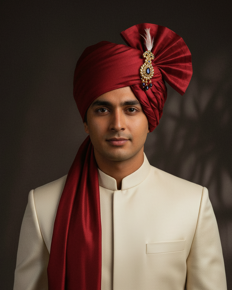 Deep Maroon Katan Silk Safa - With Kalgi, Drooping Fan