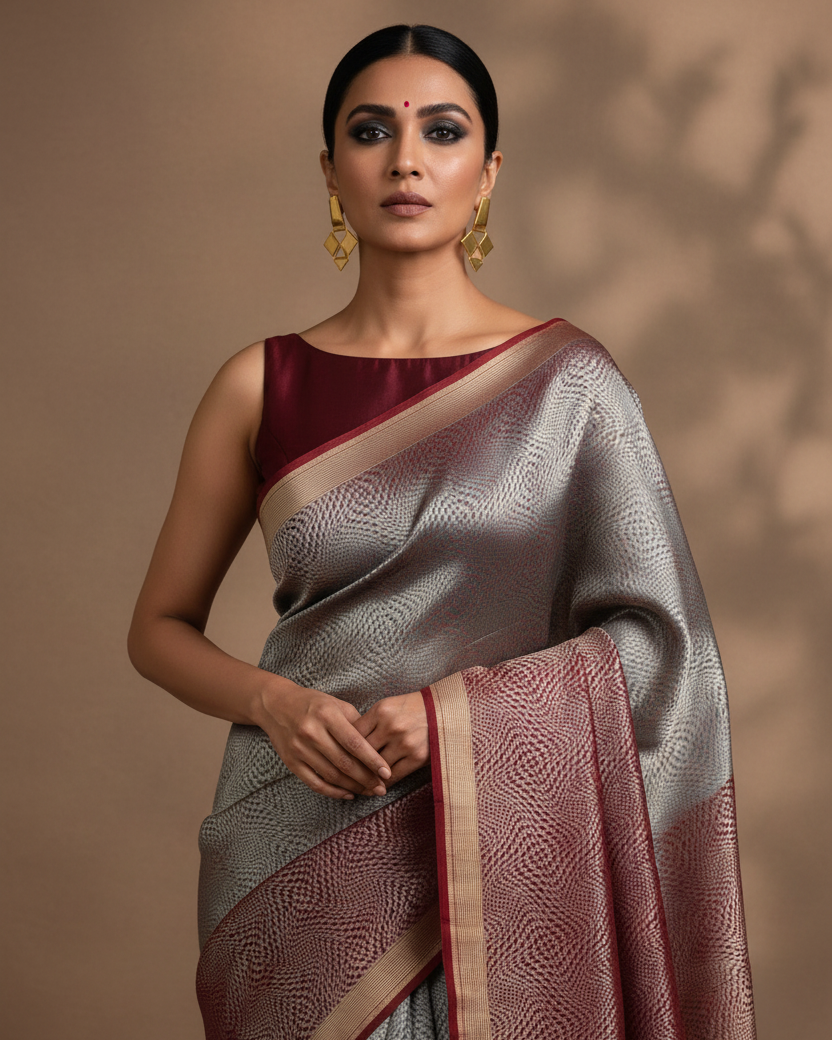 Dual-Tone Gray Maroon Silver Zari Cyclone Katan Silk — Editorial