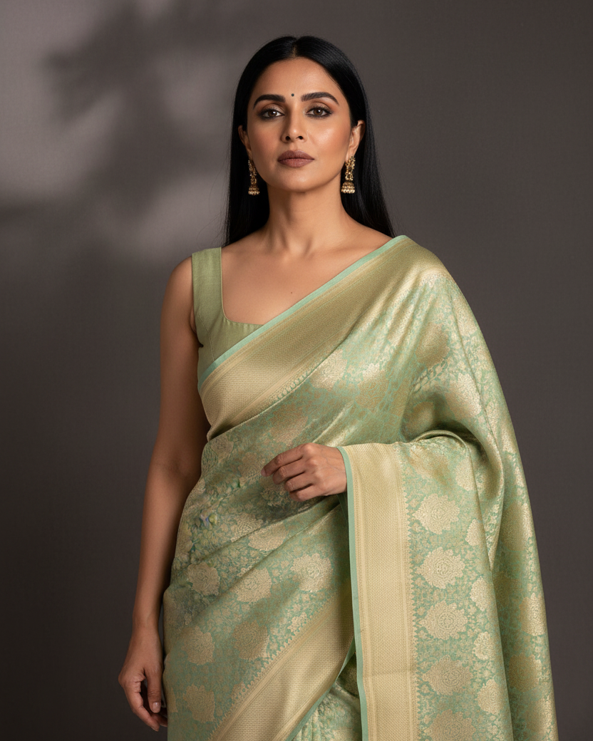 Earthy Green Dual Tone Damask Jaal Katan Silk — Image-Led