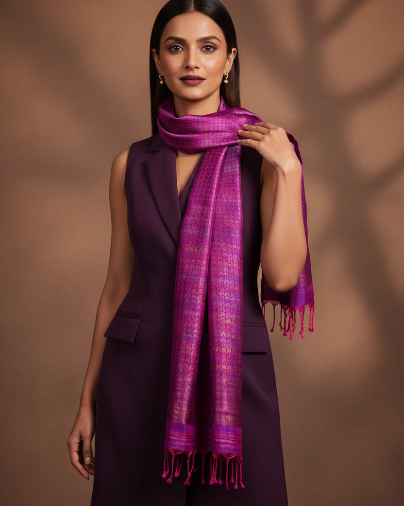 Female - Purple Herringbone Tanchoi - Asymmetric Wrap, Formal