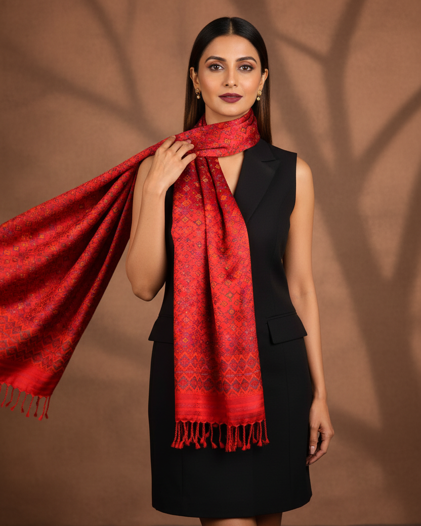 Female - Red Dotted Jamawar - Black Formal, Fluid Silk Wrap