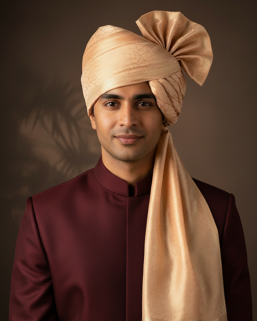 Gold Zari Crackle Kora Tissue Safa — Maroon Sherwani