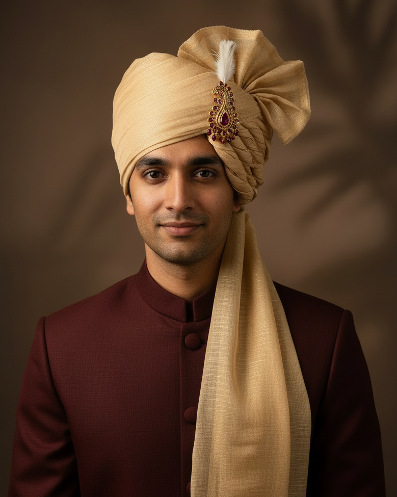 Golden Beige Tissue Georgette Safa — With Kalgi