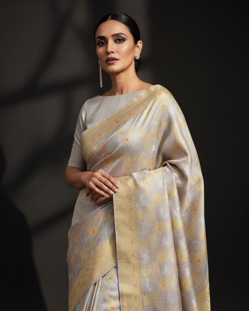Gray Banarasi Rajaji Shikargah Kadhuan Katan Silk Saree