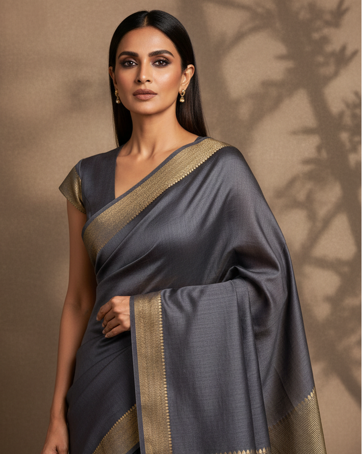 Gray Muga Silk Gold Pallu Banarasi Editorial