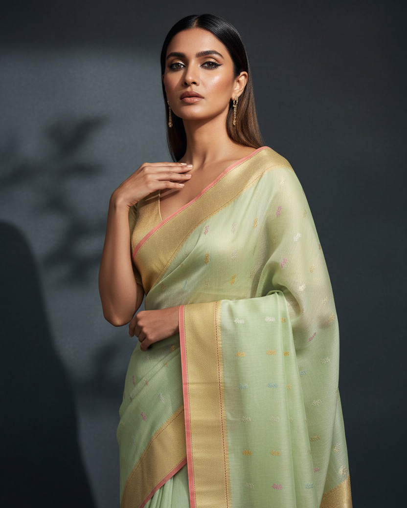 Green Gulab Buti Linen Silk — Editorial Quality