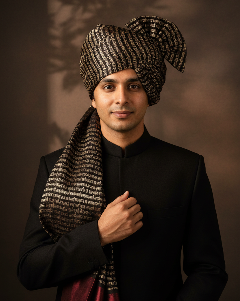 Groom Safa — Sanskrit Script Banarasi x Black Sherwani