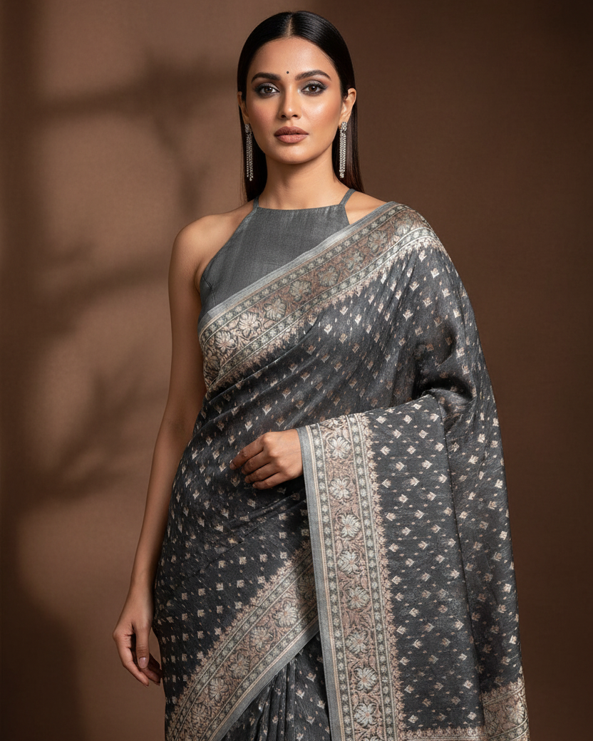 Gunmetal Gray Alfi Buti Cotton Silk Banarasi Saree Editorial