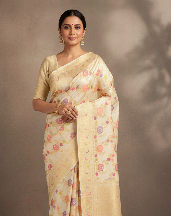 Cream Gold Silver And Resham Floral Jaal Kadhuan Brocade Handwoven Katan Silk Banarasi Saree lifestyle image