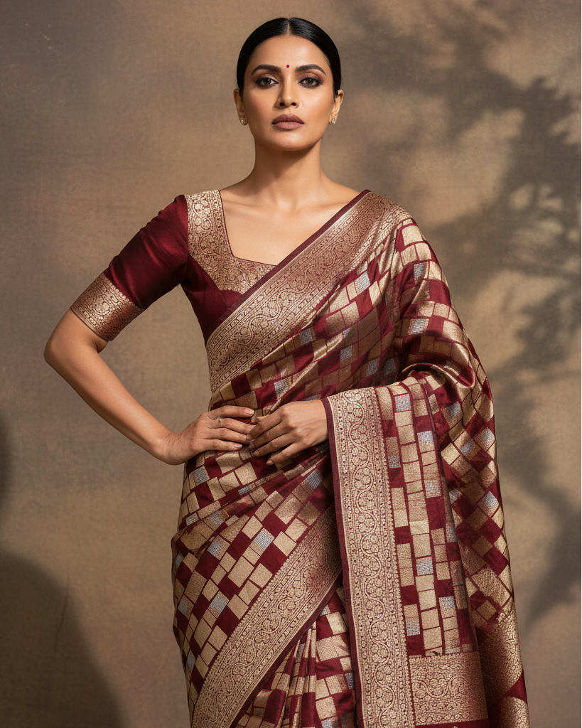 Maroon Banarasi Gold & Silver Zari Random Blocks Cutwork Brocade Handwoven Katan Silk Saree lifestyle image with bold contemporary styling