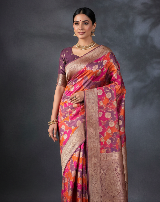 Multi-color Rangkaat Cutwork Brocade Handwoven Katan Silk Banarasi Saree lifestyle image