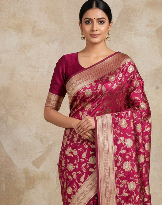 Lifestyle image of Magenta Gold Silver Zari Floral Jaal Banarasi Saree