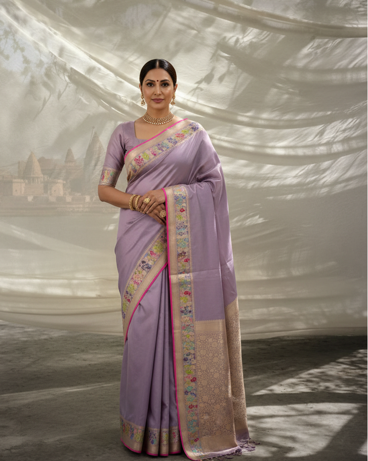 Shot Mauve Kadhuan Brocade Handwoven Katan Silk Banarasi Saree with Meenekari Bel Border Pallu lifestyle image